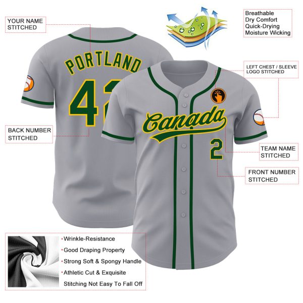 Custom Gray Green-Gold Authentic Baseball Jersey - Image 3