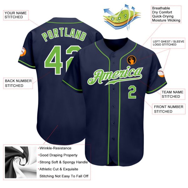 Custom Navy Neon Green-White Authentic Baseball Jersey - Image 3