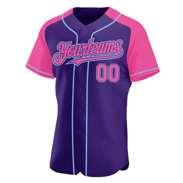 Custom Purple Pink-Light Blue Authentic Raglan Sleeves Baseball Jersey - Image 2