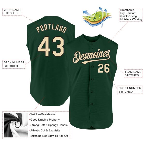 Custom Green Cream-Black Authentic Sleeveless Baseball Jersey - Image 2